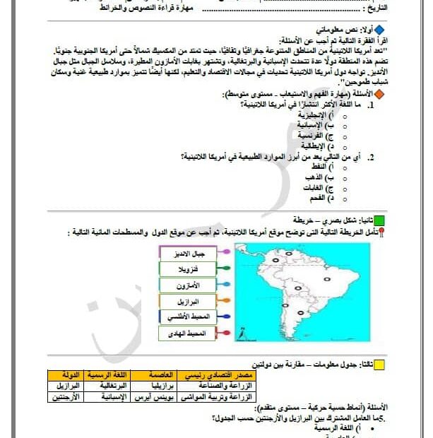 ورقة عمل أمريكا اللاتينية الدراسات الإجتماعية والتربية الوطنية الصف الثامن