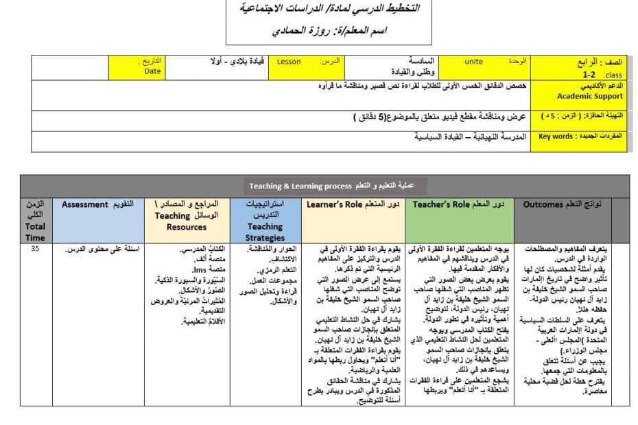 الخطة الدرسية اليومية قيادة بلادي أولا الدراسات الإجتماعية والتربية الوطنية الصف الثالث