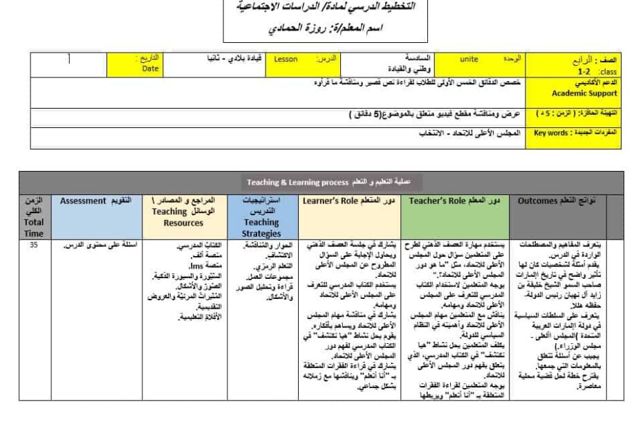 الخطة الدرسية اليومية قيادة بلادي ثانيا الدراسات الإجتماعية والتربية الوطنية الصف الثالث