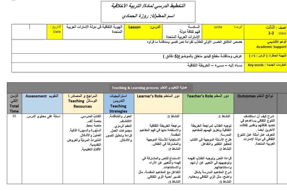 الخطة الدرسية اليومية الهوية الثقافية في دولة الإمارات التربية الأخلاقية الصف الثالث