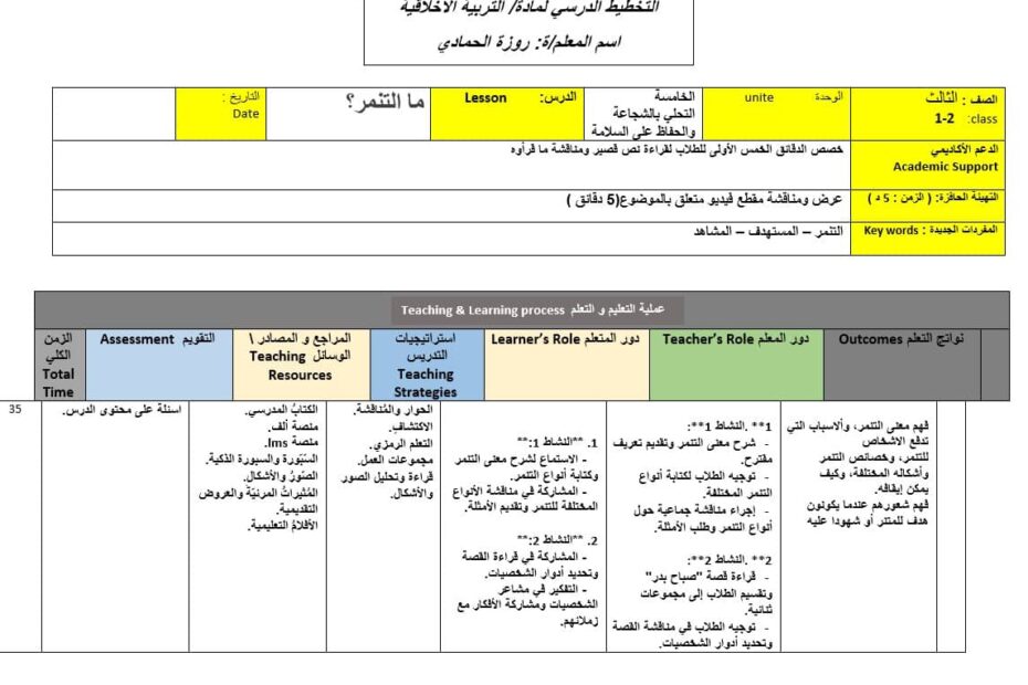 الخطة الدرسية اليومية ما التنمر التربية الأخلاقية الصف الثالث