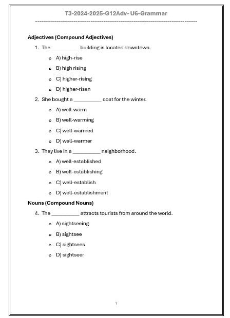 حل أوراق عمل Unit 6 Grammar اللغة الإنجليزية الصف الثاني عشر متقدم