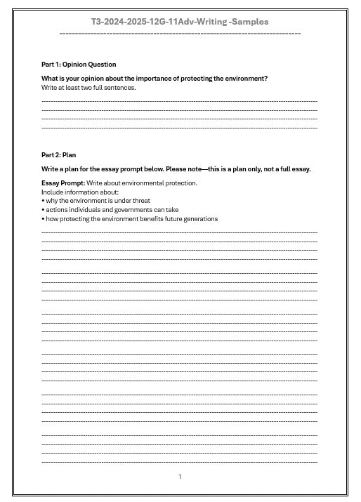 ورقة عمل Writing sample اللغة الإنجليزية الصف الحادي عشر متقدم والثاني عشر عام 