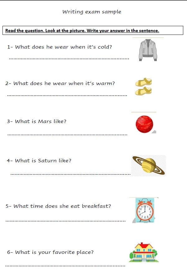 ورقة عمل Writing exam sample اللغة الإنجليزية الصف الرابع
