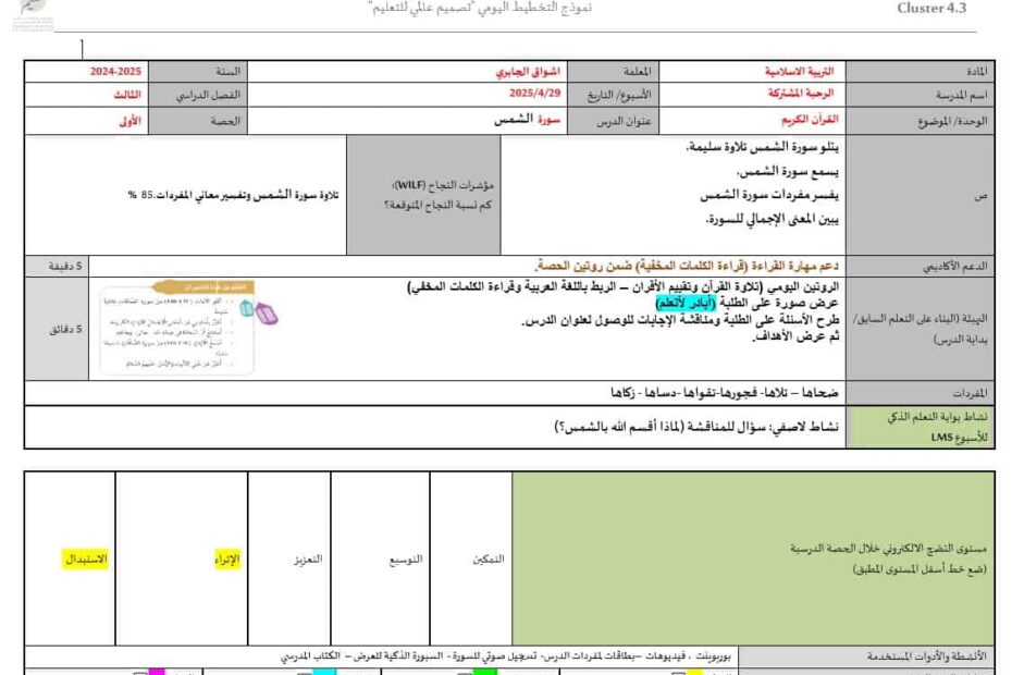 الخطة الدرسية اليومية سورة الشمس التربية الإسلامية الصف الثاني