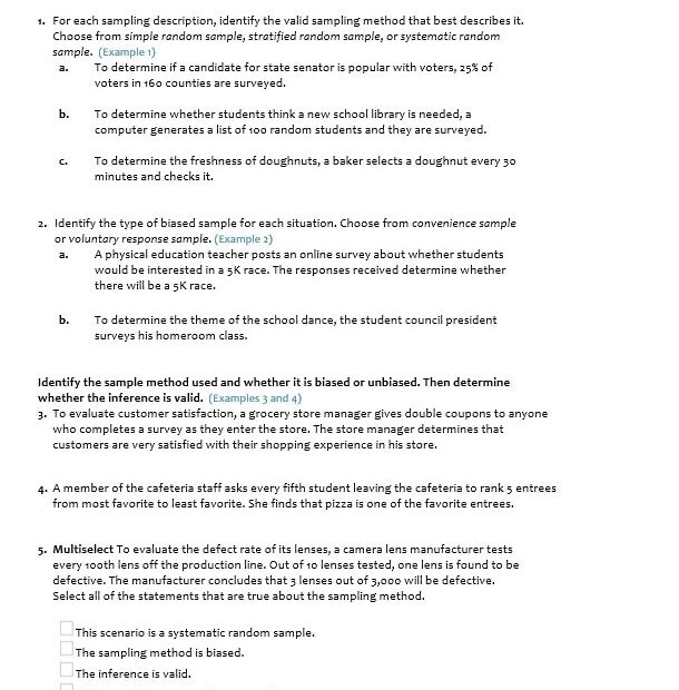 ورقة عمل Biased and Unbiased Samples الرياضيات المتكاملة الصف السابع