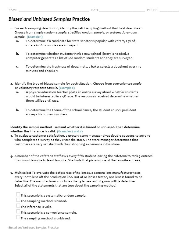 ورقة عمل Biased and Unbiased Samples الرياضيات المتكاملة الصف السابع