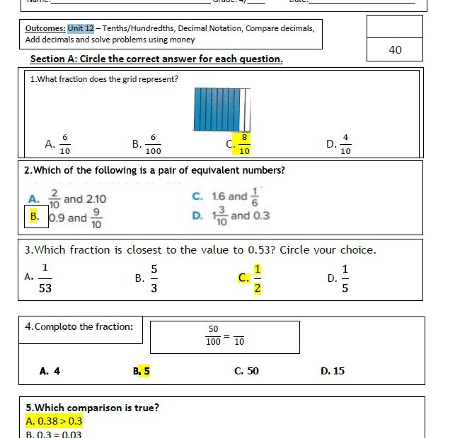 حل أوراق عمل Quiz 1 Unit 12 الرياضيات المتكاملة الصف الرابع
