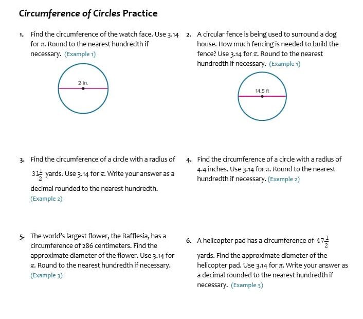 ورقة عمل Circumference of Circles الرياضيات المتكاملة الصف السابع