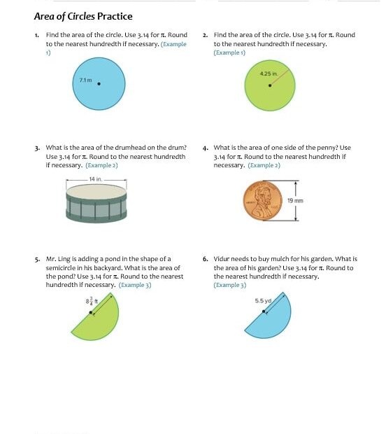 ورقة عمل Area of Circles الرياضيات المتكاملة الصف السابع