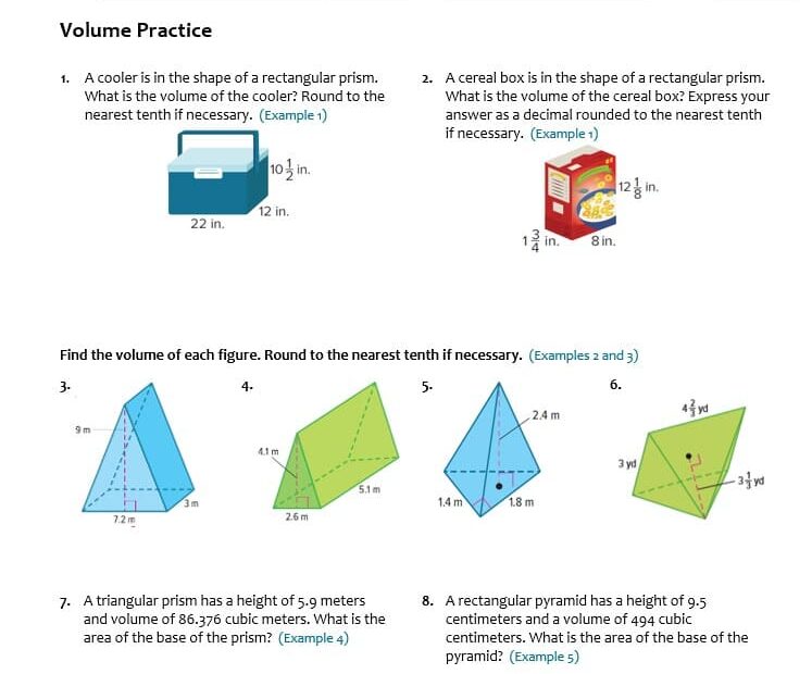 ورقة عمل Volume الرياضيات المتكاملة الصف السابع