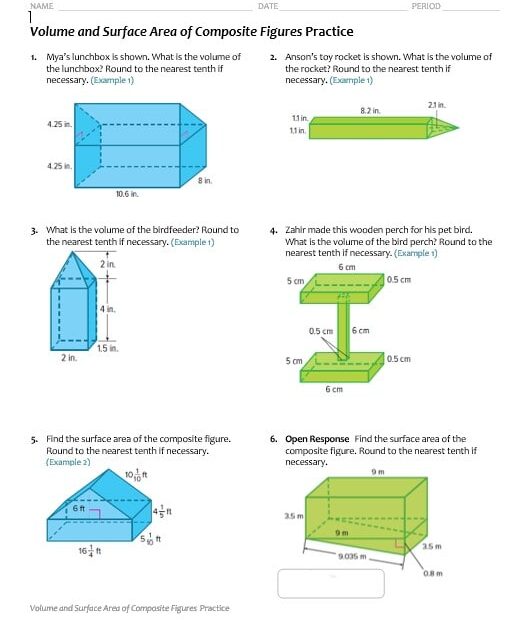 ورقة عمل Volume and Surface Area of Composite Figures الرياضيات المتكاملة الصف السابع
