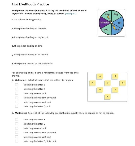 ورقة عمل Find Likelihoods الرياضيات المتكاملة الصف السابع