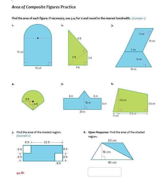 حل ورقة عمل Area of Composite Figures الرياضيات المتكاملة الصف السابع