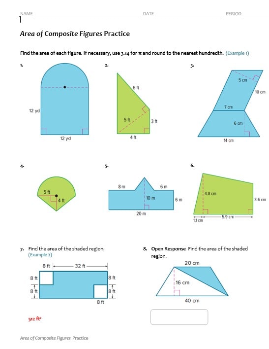 حل ورقة عمل Area of Composite Figures الرياضيات المتكاملة الصف السابع