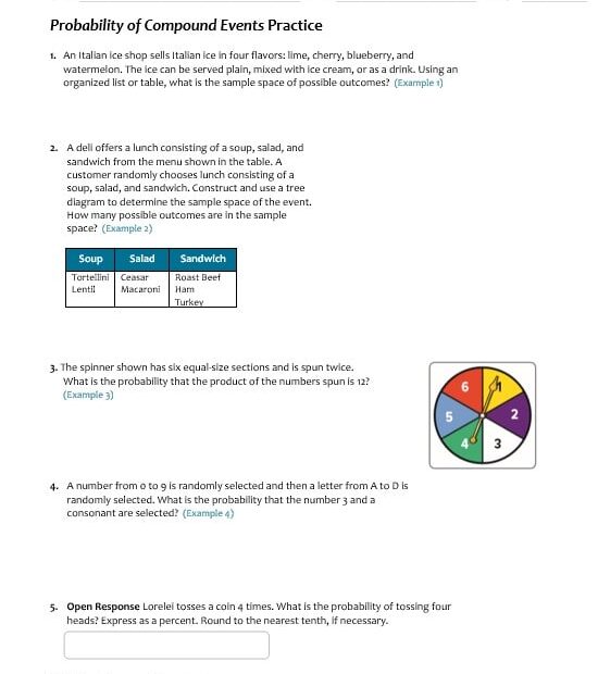 حل ورقة عمل Probability of Compound Events الرياضيات المتكاملة الصف السابع