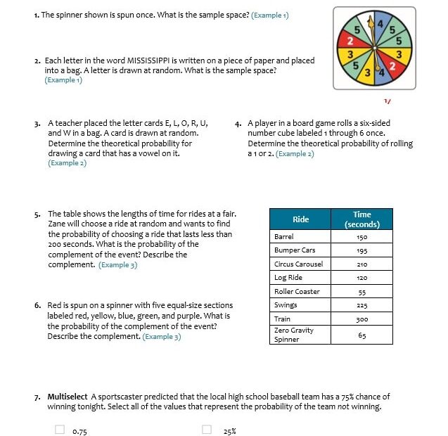 ورقة عمل Theoretical Probability of Simple Events الرياضيات المتكاملة الصف السابع