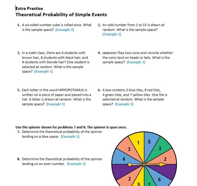 حل ورقة عمل Theoretical Probability of Simple Events الرياضيات المتكاملة الصف السابع