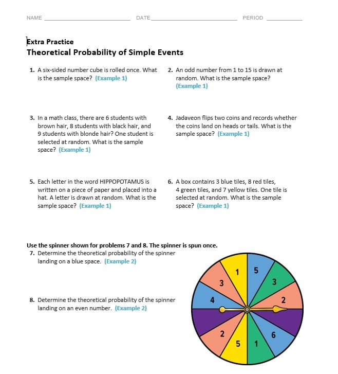 حل ورقة عمل Theoretical Probability of Simple Events الرياضيات المتكاملة الصف السابع