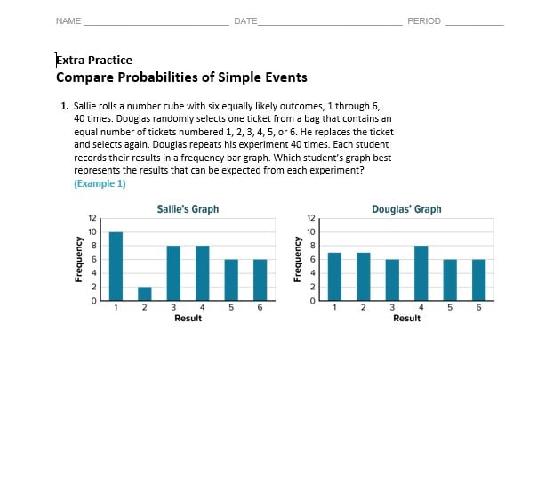 حل ورقة عمل Compare Probabilities of Simple Events الرياضيات المتكاملة الصف السابع