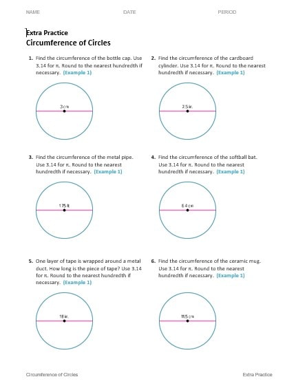حل ورقة عمل Circumference of Circles الرياضيات المتكاملة الصف السابع