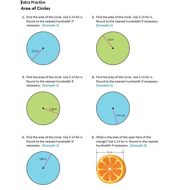 حل ورقة عمل Area of Circles الرياضيات المتكاملة الصف السابع