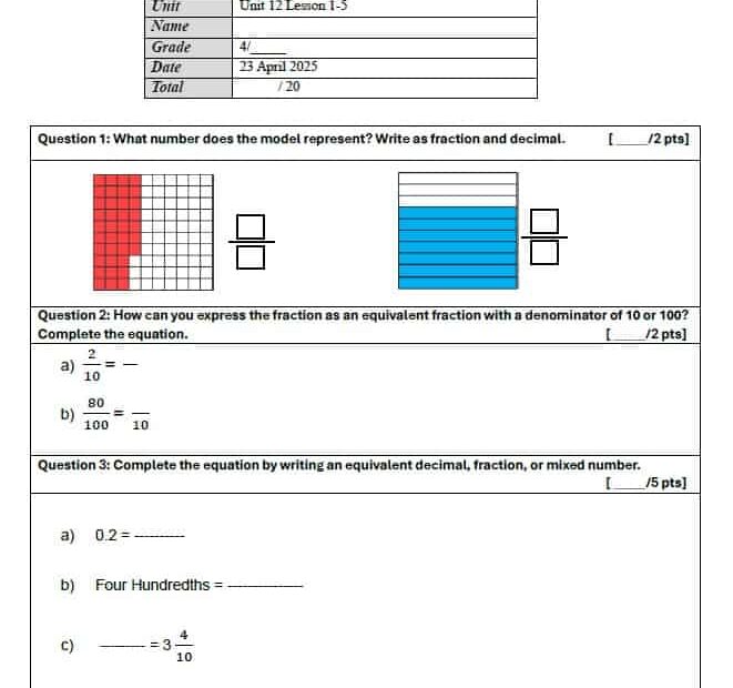 حل ورقة عمل Unit 12 Lesson 1-5 الرياضيات المتكاملة الصف الرابع
