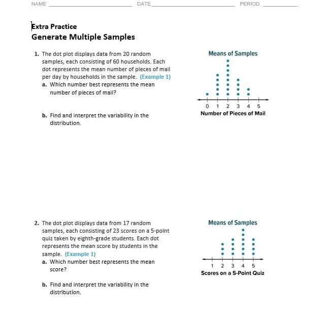 حل ورقة عمل Generate Multiple Samples الرياضيات المتكاملة الصف السابع