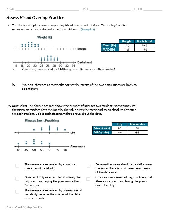 ورقة عمل Assess Visual Overlap الرياضيات المتكاملة الصف السابع