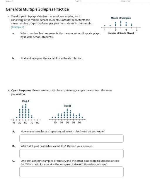 ورقة عمل Generate Multiple Samples الرياضيات المتكاملة الصف السابع