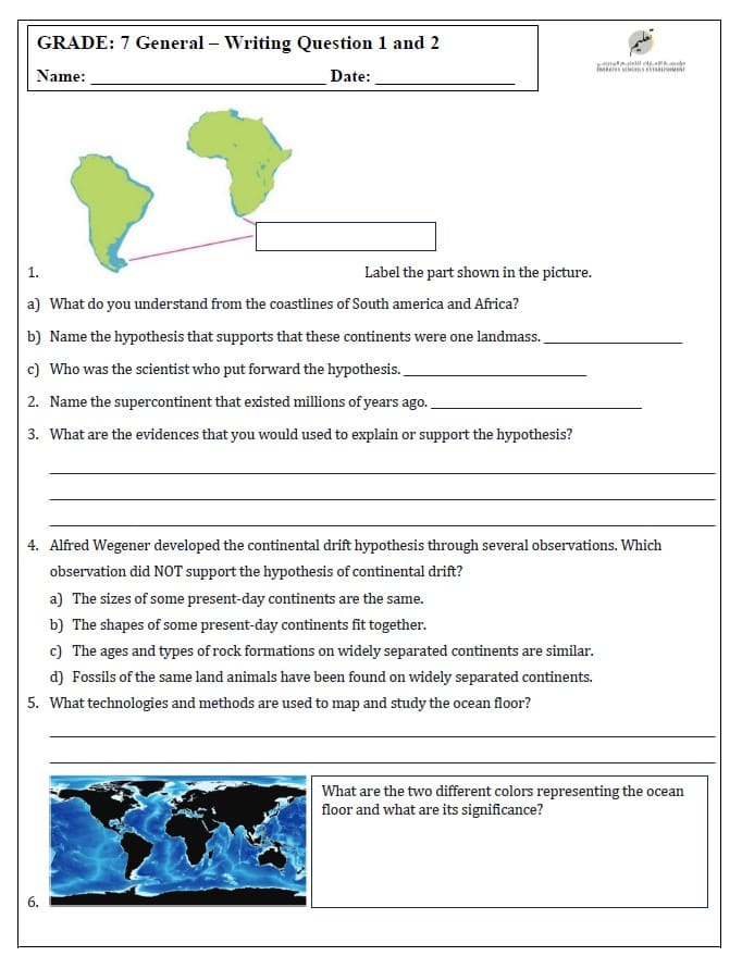 حل ورقة عمل Writing Question 1 and 2 العلوم المتكاملة الصف السابع 