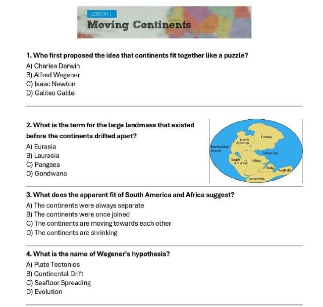 حل أوراق عمل Moving Continents العلوم المتكاملة الصف السابع