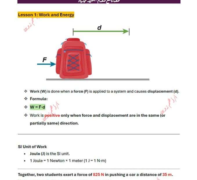 أوراق عمل Work and Energy الفيزياء الصف التاسع متقدم