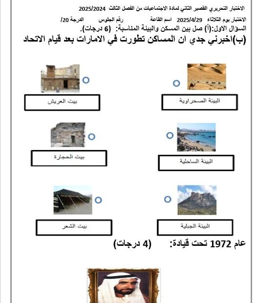 الاختبار التحريري القصير الثاني الدراسات الإجتماعية والتربية الوطنية الصف الثاني