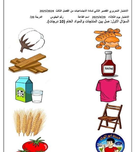 الاختبار التحريري القصير الثاني الدراسات الإجتماعية والتربية الوطنية الصف الثاني