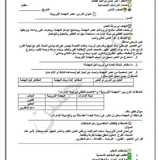 ورقة عمل عصر النهضة الأوروبية الدراسات الإجتماعية والتربية الوطنية الصف الثامن