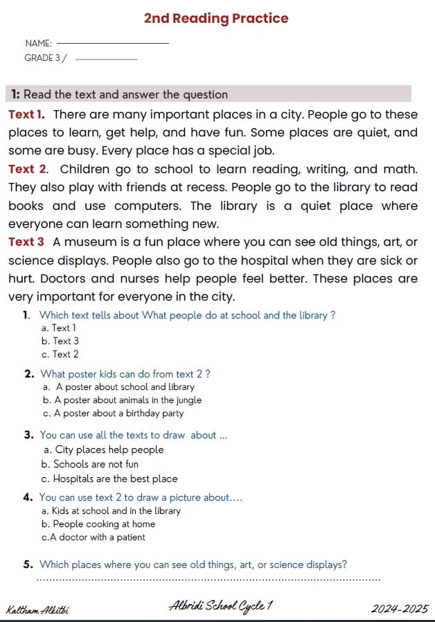 أوراق عمل Reading Practice اللغة الإنجليزية الصف الثالث