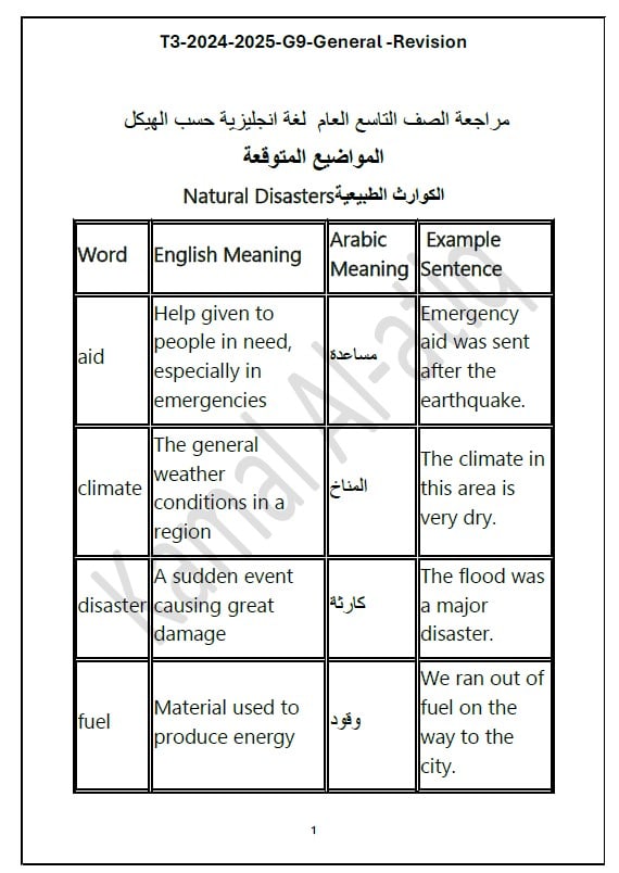 حل مراجعة حسب الهيكل الوزاري اللغة الإنجليزية الصف التاسع عام