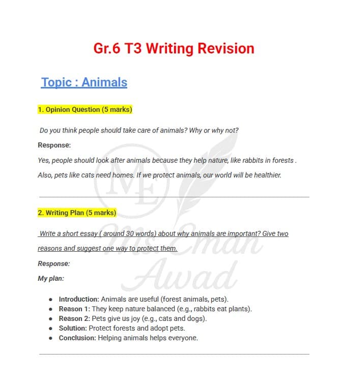 مراجعة عامة Writing Revision اللغة الإنجليزية الصف السادس