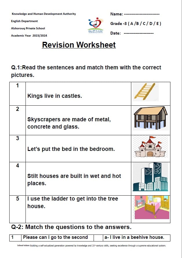 مراجعة عامة Revision Worksheet اللغة الإنجليزية الصف الثالث 