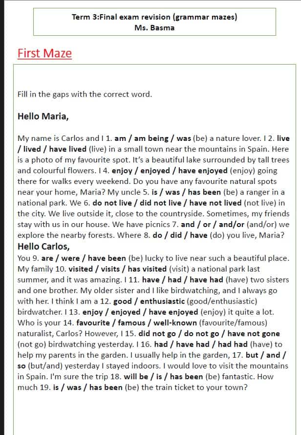 ورقة عمل grammar mazes اللغة الإنجليزية الصف السابع