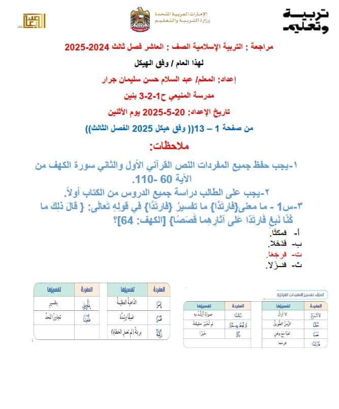 حل مراجعة عامة حسب الهيكل التربية الإسلامية الصف العاشر 