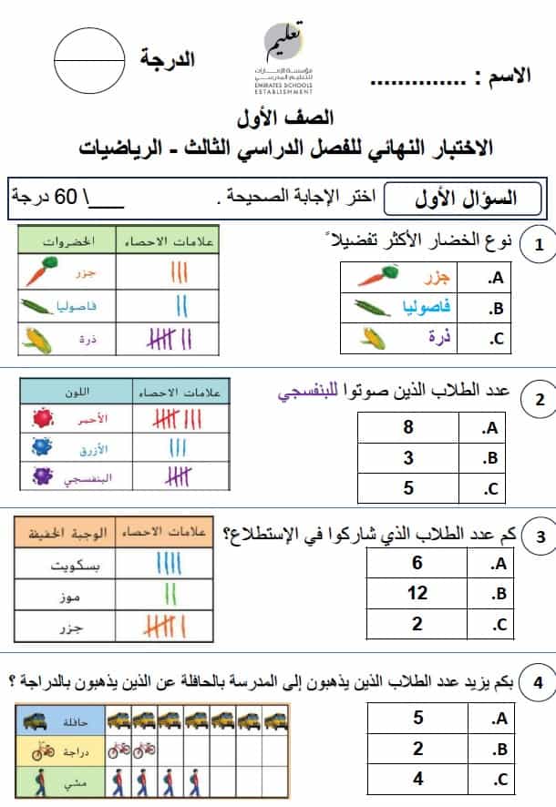 َالاختبار النهائي الرياضيات المتكاملة الصف الأول