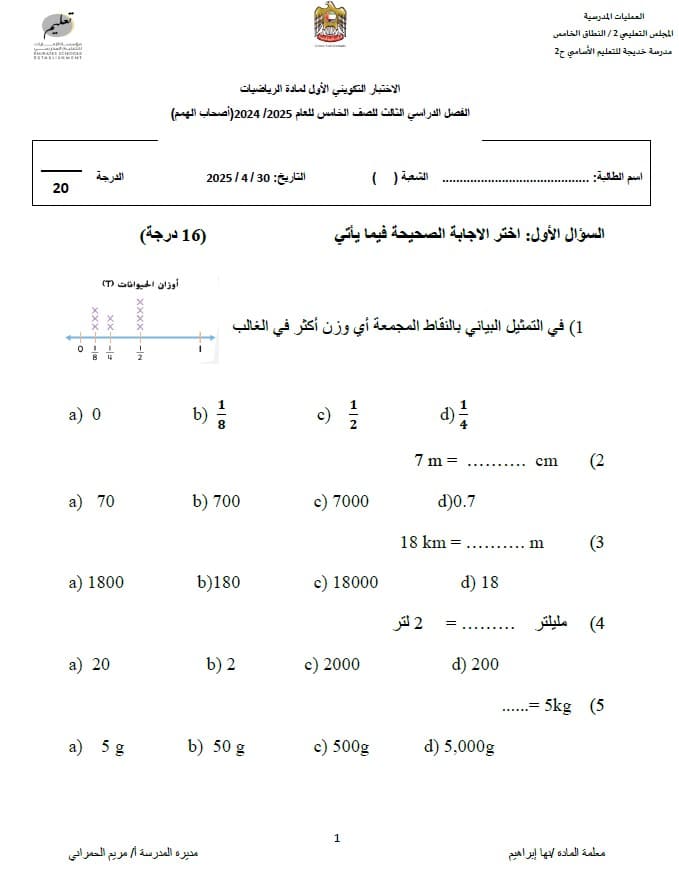 الاختبار التكويني الأول لأصحاب الهمم الرياضيات المتكاملة الصف الخامس
