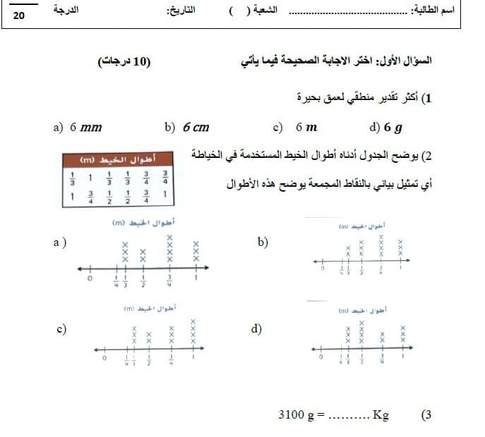 الاختبار التكويني الأول الرياضيات المتكاملة الصف الخامس