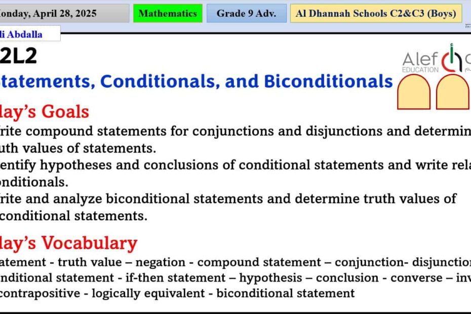 حل درس Statements Conditionals and Biconditionals الرياضيات المتكاملة الصف التاسع متقدم - بوربوينت