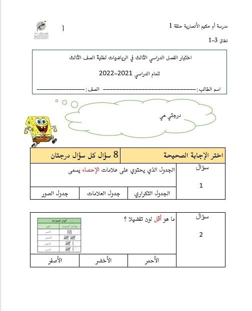 اختبار الوحدة الثانية عشر الرياضيات المتكاملة الصف الثالث