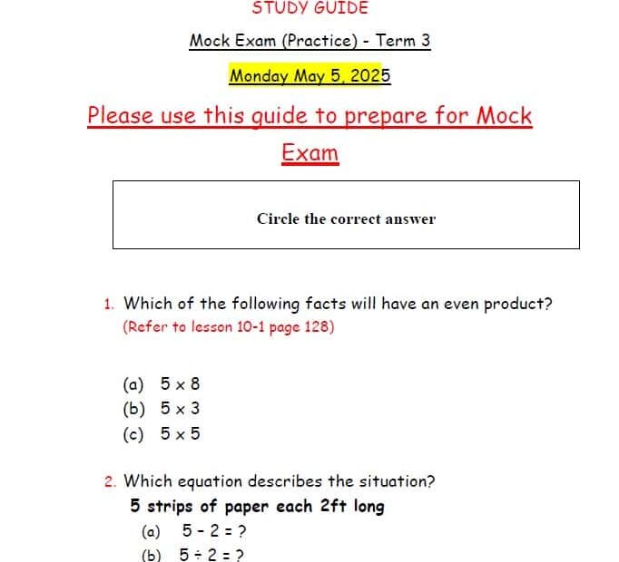 ورقة عمل Mock Exam Practice الرياضيات المتكاملة الصف الثالث ريفيل
