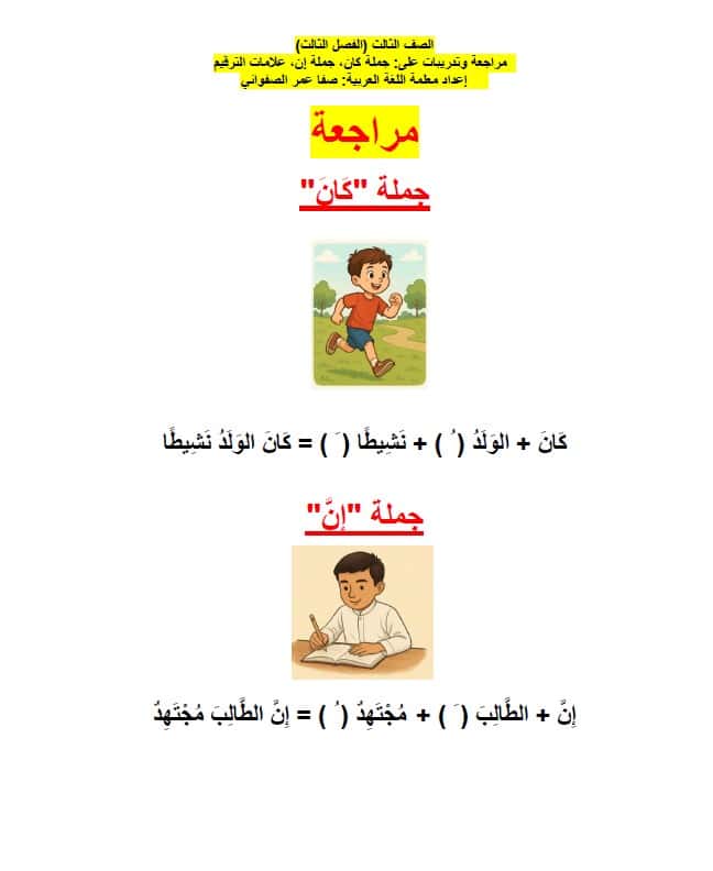 مراجعة وتدريبات جملة كان وجملة إن وعلامات الترقيم اللغة العربية الصف الثالث 