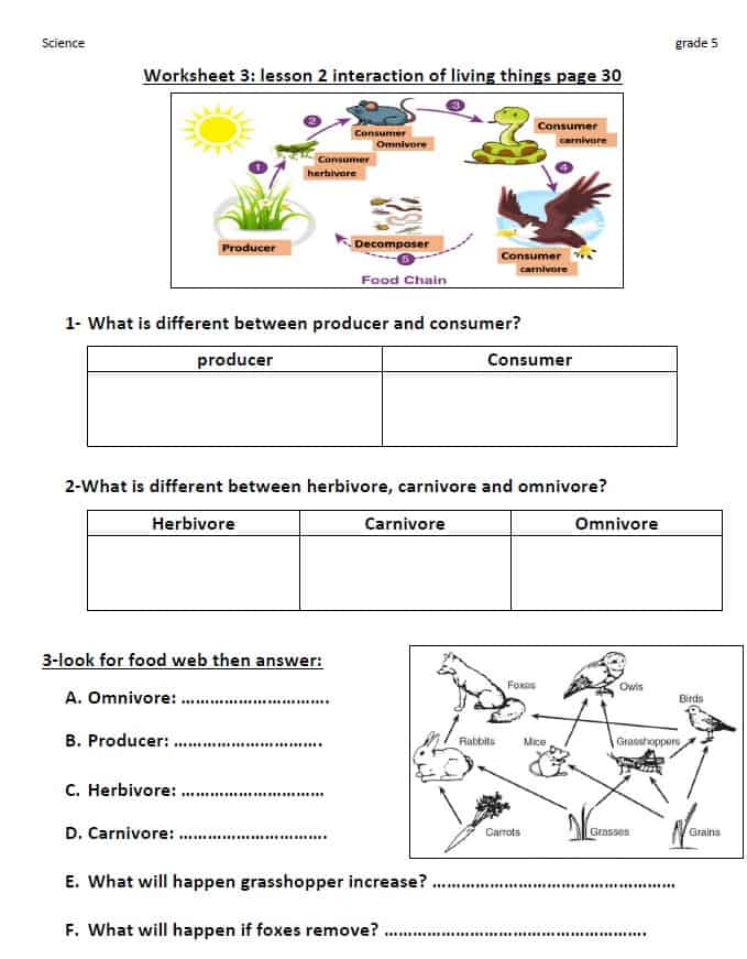 حل ورقة عمل interaction of living things العلوم المتكاملة الصف الخامس